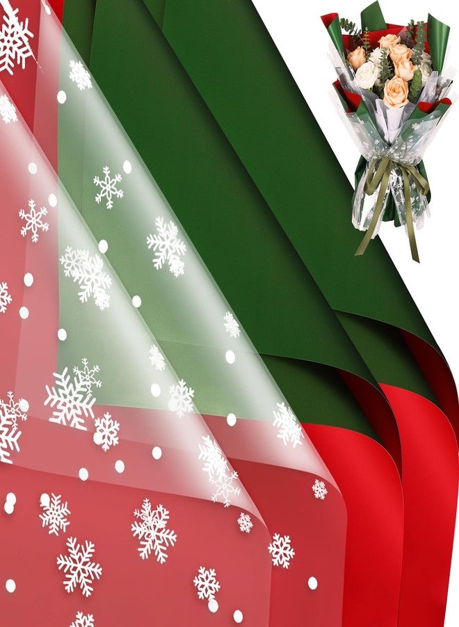 وولاين مجموعة أوراق تغليف زهور عيد الميلاد من والين، 40 قطعة، لون مزدوج أحمر وأخضر، أوراق تغليف زهور مزينة برقاقات ثلجية، أوراق تغليف باقات زهور من السيلوفان، 23 × 23 بوصة - Image 1